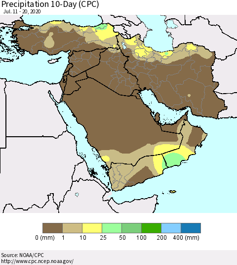 Middle East and Turkey Precipitation 10-Day (CPC) Thematic Map For 7/11/2020 - 7/20/2020