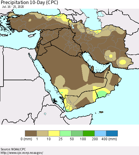 Middle East and Turkey Precipitation 10-Day (CPC) Thematic Map For 7/16/2020 - 7/25/2020