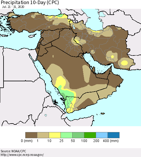 Middle East and Turkey Precipitation 10-Day (CPC) Thematic Map For 7/21/2020 - 7/31/2020