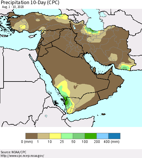Middle East and Turkey Precipitation 10-Day (CPC) Thematic Map For 8/1/2020 - 8/10/2020