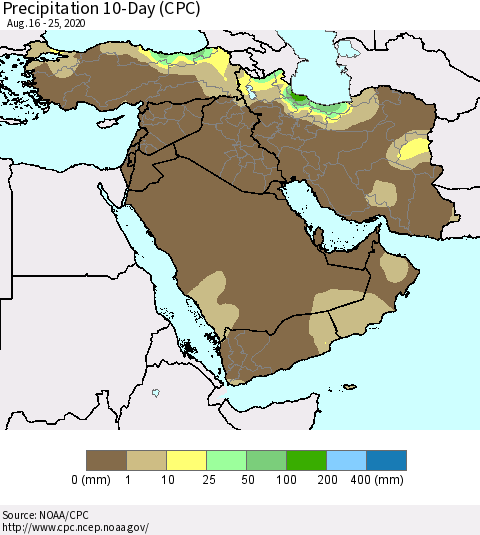 Middle East and Turkey Precipitation 10-Day (CPC) Thematic Map For 8/16/2020 - 8/25/2020