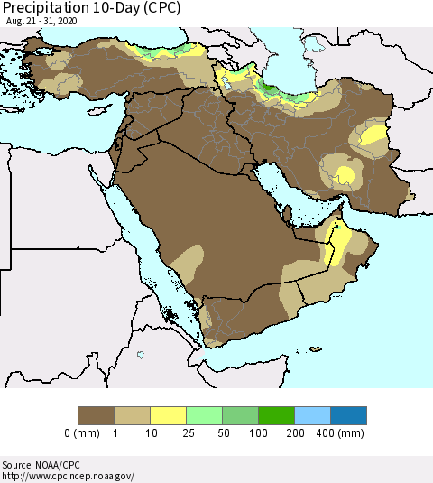 Middle East and Turkey Precipitation 10-Day (CPC) Thematic Map For 8/21/2020 - 8/31/2020