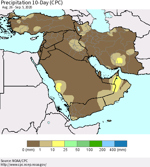 Middle East and Turkey Precipitation 10-Day (CPC) Thematic Map For 8/26/2020 - 9/5/2020