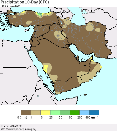 Middle East and Turkey Precipitation 10-Day (CPC) Thematic Map For 9/1/2020 - 9/10/2020