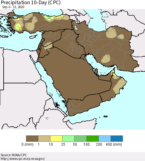 Middle East and Turkey Precipitation 10-Day (CPC) Thematic Map For 9/6/2020 - 9/15/2020