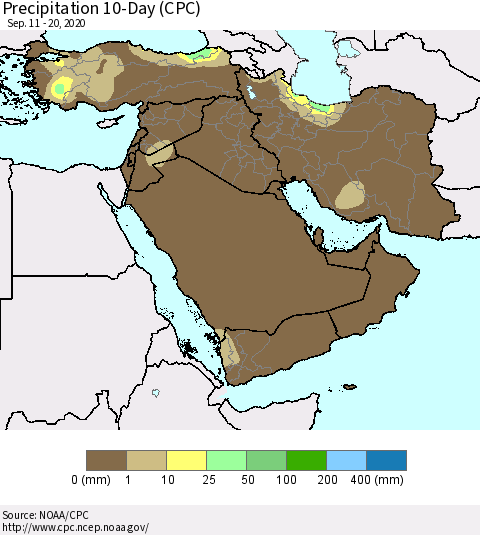 Middle East and Turkey Precipitation 10-Day (CPC) Thematic Map For 9/11/2020 - 9/20/2020