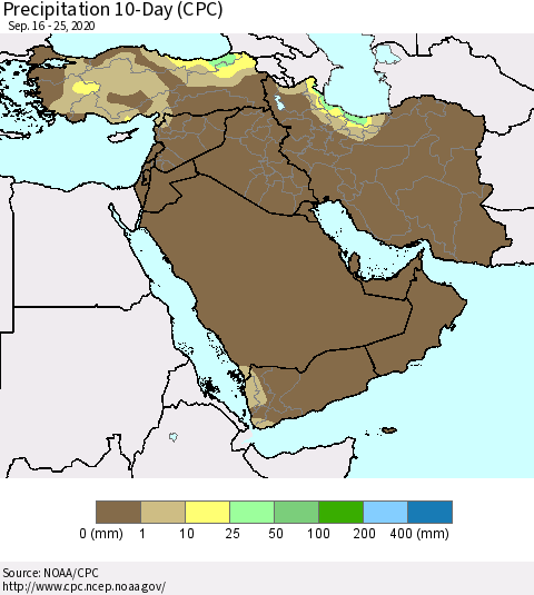 Middle East and Turkey Precipitation 10-Day (CPC) Thematic Map For 9/16/2020 - 9/25/2020