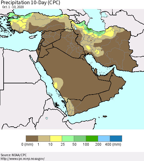 Middle East and Turkey Precipitation 10-Day (CPC) Thematic Map For 10/1/2020 - 10/10/2020