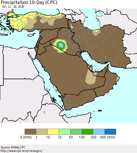 Middle East and Turkey Precipitation 10-Day (CPC) Thematic Map For 10/11/2020 - 10/20/2020