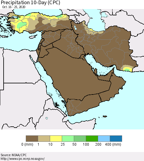 Middle East and Turkey Precipitation 10-Day (CPC) Thematic Map For 10/16/2020 - 10/25/2020