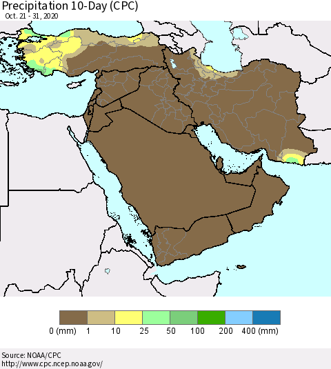 Middle East and Turkey Precipitation 10-Day (CPC) Thematic Map For 10/21/2020 - 10/31/2020