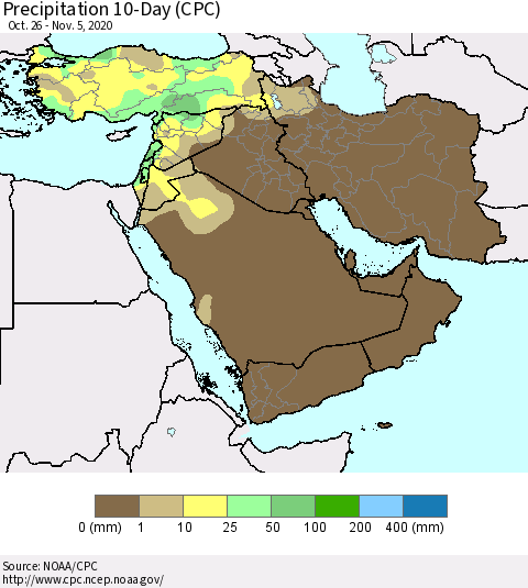 Middle East and Turkey Precipitation 10-Day (CPC) Thematic Map For 10/26/2020 - 11/5/2020