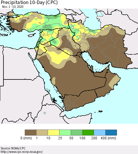 Middle East and Turkey Precipitation 10-Day (CPC) Thematic Map For 11/1/2020 - 11/10/2020
