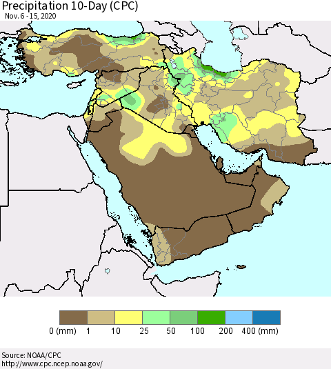Middle East and Turkey Precipitation 10-Day (CPC) Thematic Map For 11/6/2020 - 11/15/2020