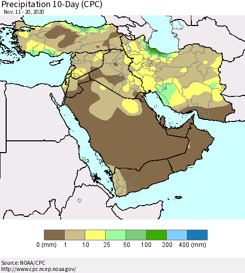 Middle East and Turkey Precipitation 10-Day (CPC) Thematic Map For 11/11/2020 - 11/20/2020