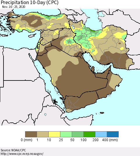 Middle East and Turkey Precipitation 10-Day (CPC) Thematic Map For 11/16/2020 - 11/25/2020