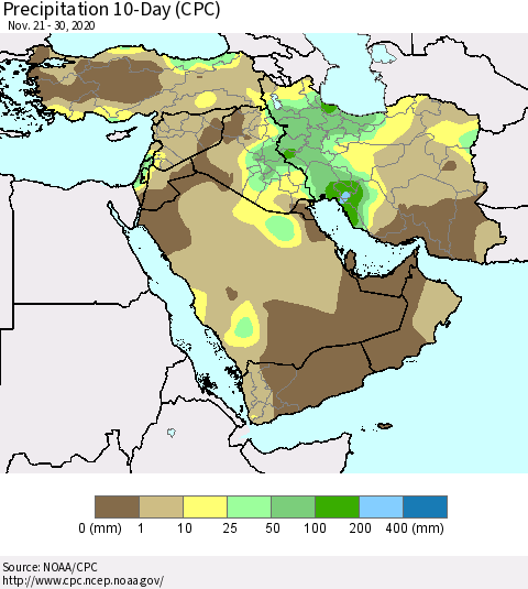 Middle East and Turkey Precipitation 10-Day (CPC) Thematic Map For 11/21/2020 - 11/30/2020