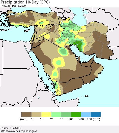 Middle East and Turkey Precipitation 10-Day (CPC) Thematic Map For 11/26/2020 - 12/5/2020