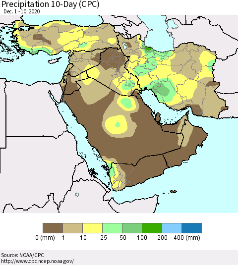 Middle East and Turkey Precipitation 10-Day (CPC) Thematic Map For 12/1/2020 - 12/10/2020
