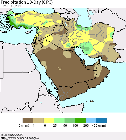 Middle East and Turkey Precipitation 10-Day (CPC) Thematic Map For 12/6/2020 - 12/15/2020