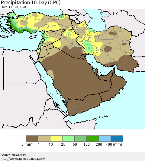 Middle East and Turkey Precipitation 10-Day (CPC) Thematic Map For 12/11/2020 - 12/20/2020