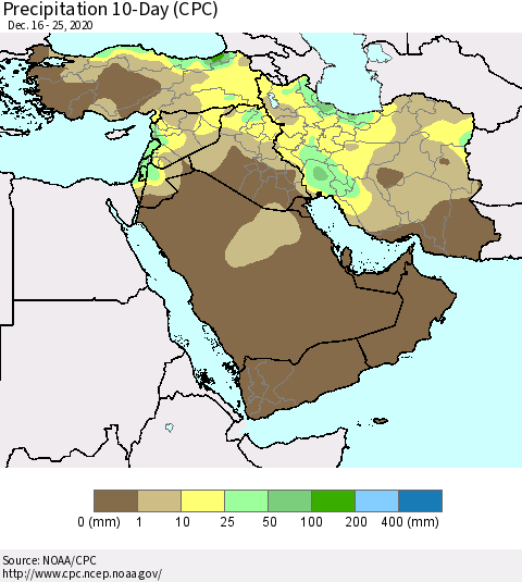 Middle East and Turkey Precipitation 10-Day (CPC) Thematic Map For 12/16/2020 - 12/25/2020