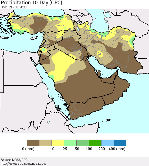 Middle East and Turkey Precipitation 10-Day (CPC) Thematic Map For 12/21/2020 - 12/31/2020