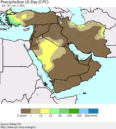 Middle East and Turkey Precipitation 10-Day (CPC) Thematic Map For 12/26/2020 - 1/5/2021