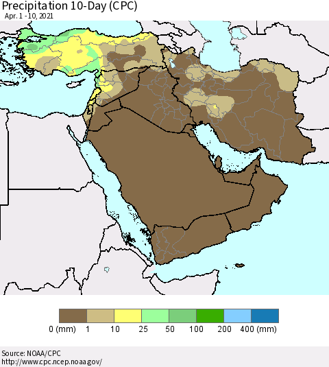 Middle East and Turkey Precipitation 10-Day (CPC) Thematic Map For 4/1/2021 - 4/10/2021
