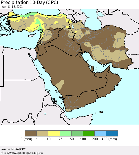 Middle East and Turkey Precipitation 10-Day (CPC) Thematic Map For 4/6/2021 - 4/15/2021