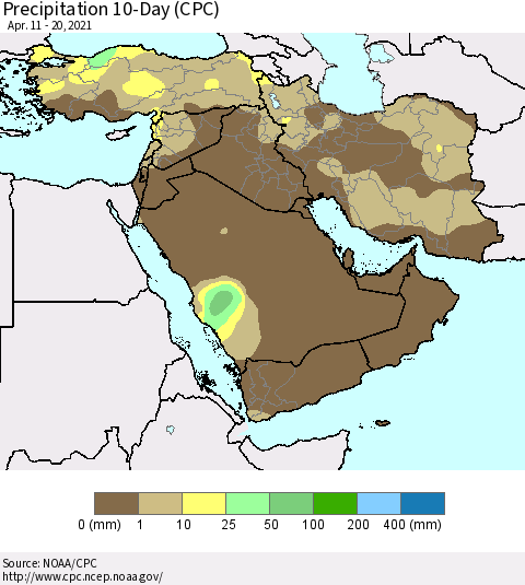Middle East and Turkey Precipitation 10-Day (CPC) Thematic Map For 4/11/2021 - 4/20/2021