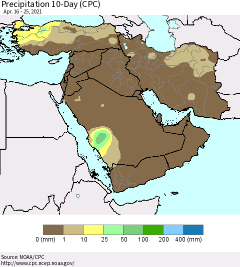 Middle East and Turkey Precipitation 10-Day (CPC) Thematic Map For 4/16/2021 - 4/25/2021