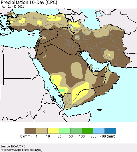 Middle East and Turkey Precipitation 10-Day (CPC) Thematic Map For 4/21/2021 - 4/30/2021