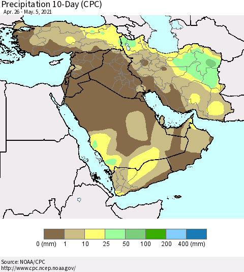 Middle East and Turkey Precipitation 10-Day (CPC) Thematic Map For 4/26/2021 - 5/5/2021