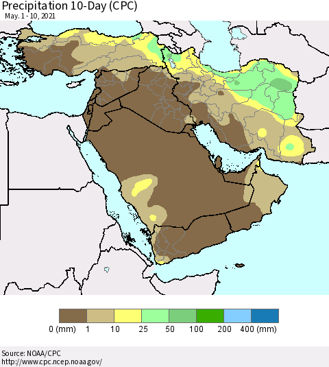 Middle East and Turkey Precipitation 10-Day (CPC) Thematic Map For 5/1/2021 - 5/10/2021