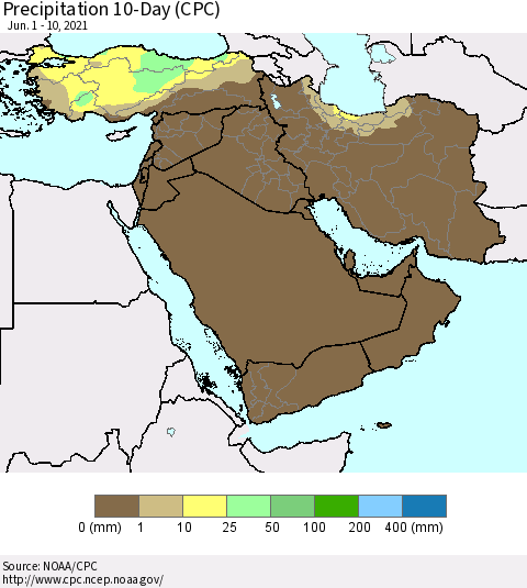 Middle East and Turkey Precipitation 10-Day (CPC) Thematic Map For 6/1/2021 - 6/10/2021