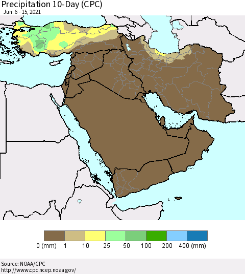 Middle East and Turkey Precipitation 10-Day (CPC) Thematic Map For 6/6/2021 - 6/15/2021