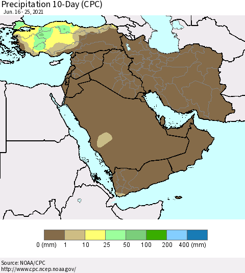 Middle East and Turkey Precipitation 10-Day (CPC) Thematic Map For 6/16/2021 - 6/25/2021