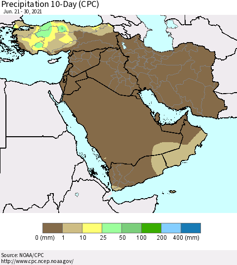 Middle East and Turkey Precipitation 10-Day (CPC) Thematic Map For 6/21/2021 - 6/30/2021