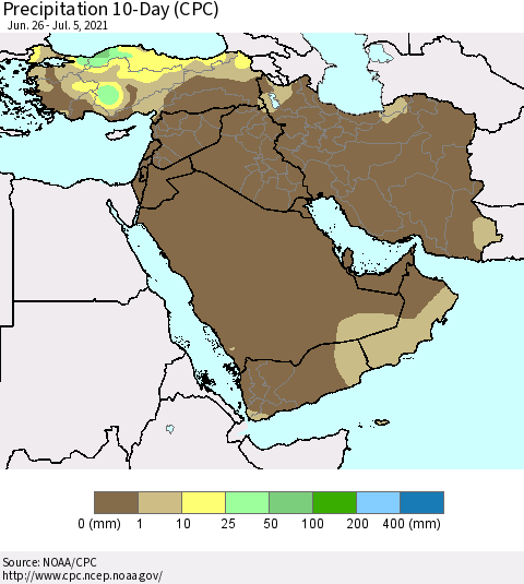 Middle East and Turkey Precipitation 10-Day (CPC) Thematic Map For 6/26/2021 - 7/5/2021