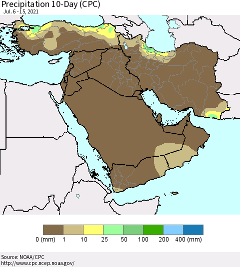 Middle East and Turkey Precipitation 10-Day (CPC) Thematic Map For 7/6/2021 - 7/15/2021