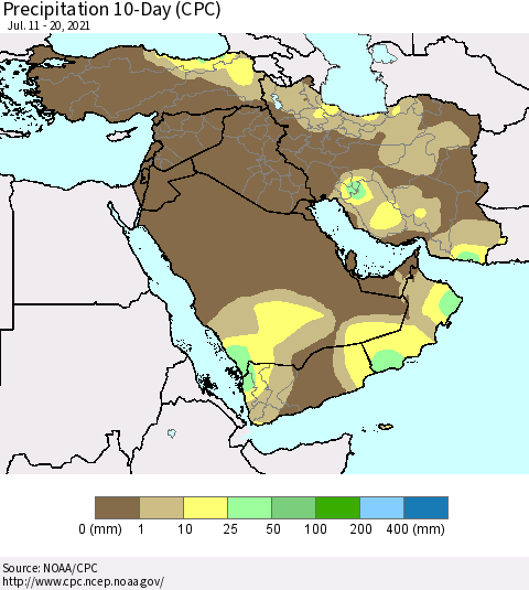 Middle East and Turkey Precipitation 10-Day (CPC) Thematic Map For 7/11/2021 - 7/20/2021