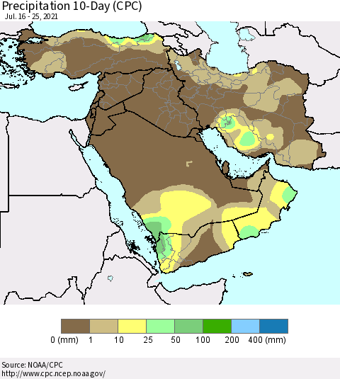 Middle East and Turkey Precipitation 10-Day (CPC) Thematic Map For 7/16/2021 - 7/25/2021