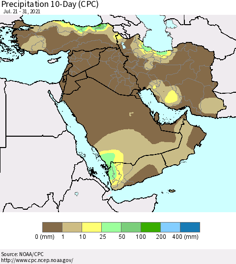 Middle East and Turkey Precipitation 10-Day (CPC) Thematic Map For 7/21/2021 - 7/31/2021