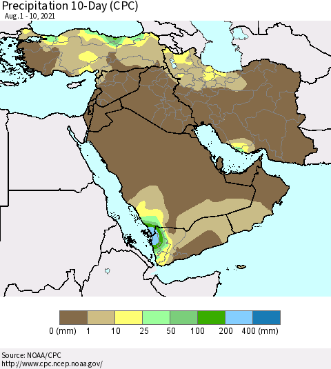 Middle East and Turkey Precipitation 10-Day (CPC) Thematic Map For 8/1/2021 - 8/10/2021