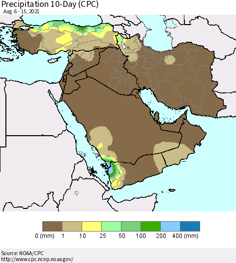 Middle East and Turkey Precipitation 10-Day (CPC) Thematic Map For 8/6/2021 - 8/15/2021
