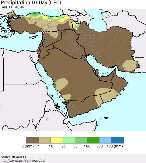 Middle East and Turkey Precipitation 10-Day (CPC) Thematic Map For 8/11/2021 - 8/20/2021