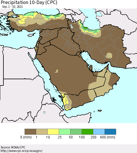 Middle East and Turkey Precipitation 10-Day (CPC) Thematic Map For 9/1/2021 - 9/10/2021