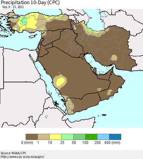 Middle East and Turkey Precipitation 10-Day (CPC) Thematic Map For 9/6/2021 - 9/15/2021