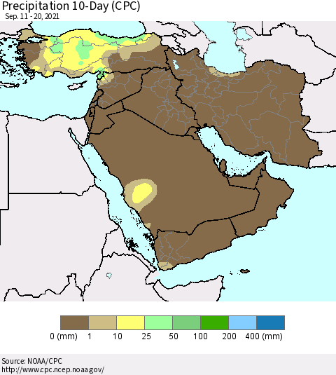 Middle East and Turkey Precipitation 10-Day (CPC) Thematic Map For 9/11/2021 - 9/20/2021